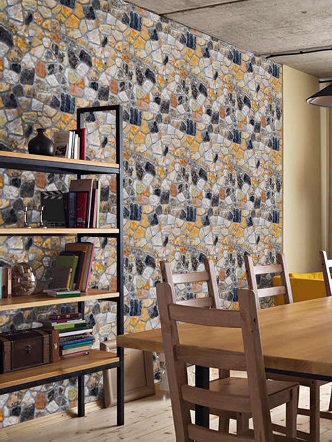 

Jaamso Royals Blue & Yellow Brick Stone Vinyl Self Adhesive Peel & Stick Wallpaper