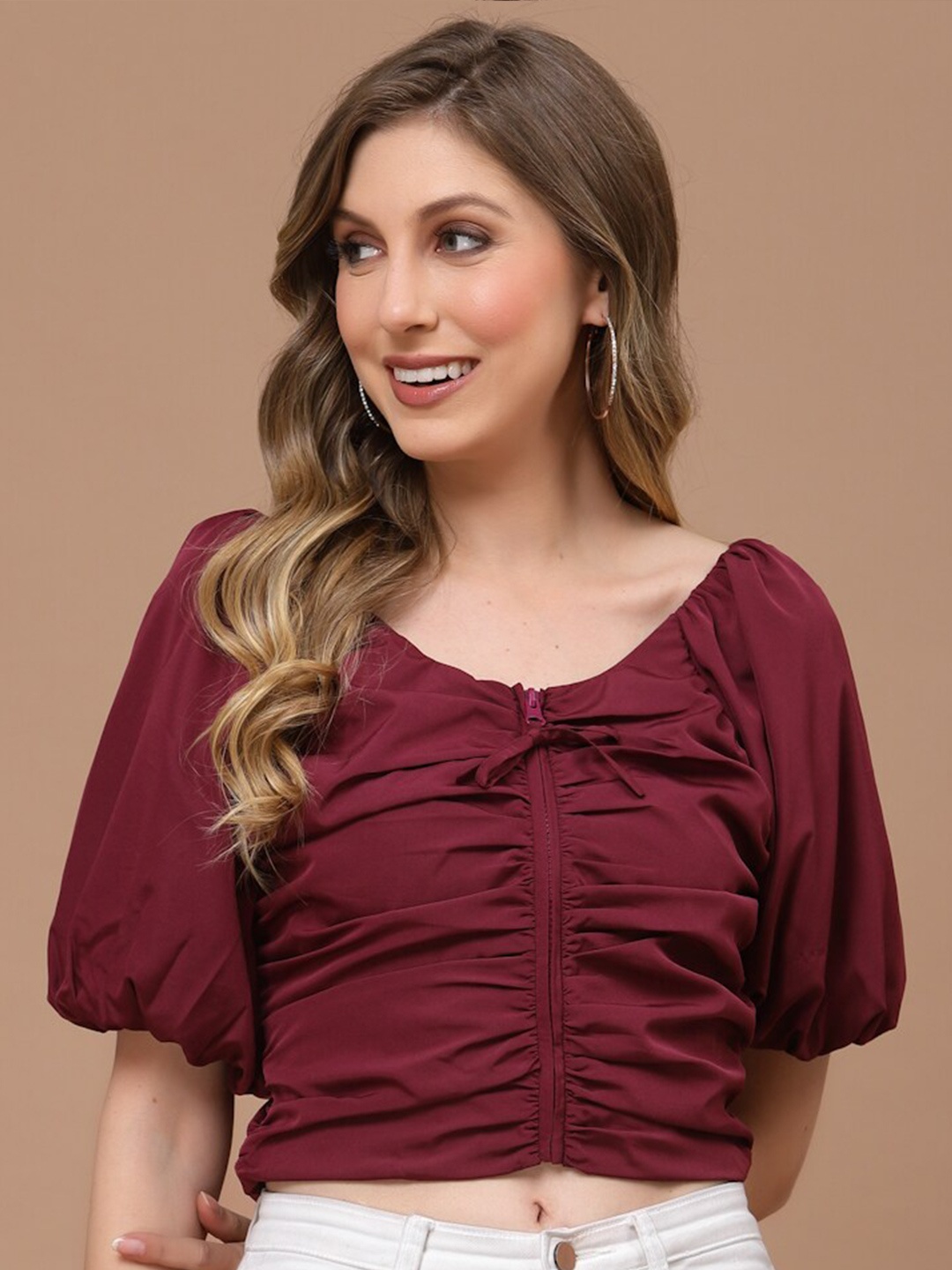 

KASSUALLY Tie-Up Neck Crepe Crop Front Rushed Raglan Sleeves Blouse, Maroon