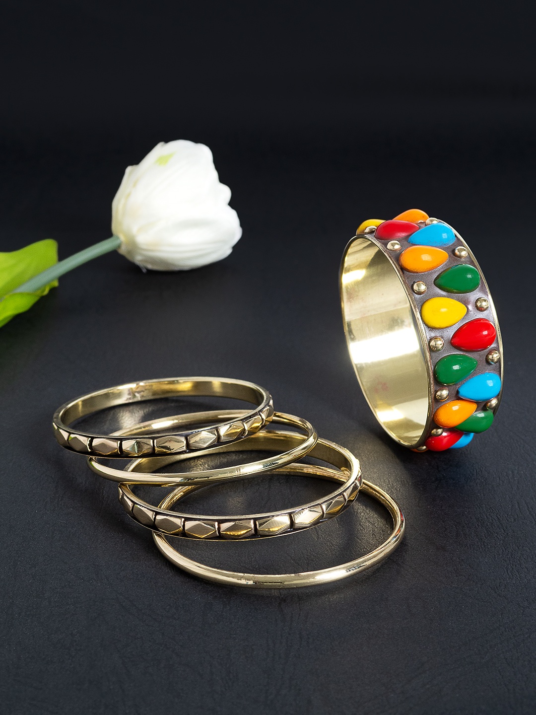 

Golden Peacock Set Of 5 Antique Bangles, Multi