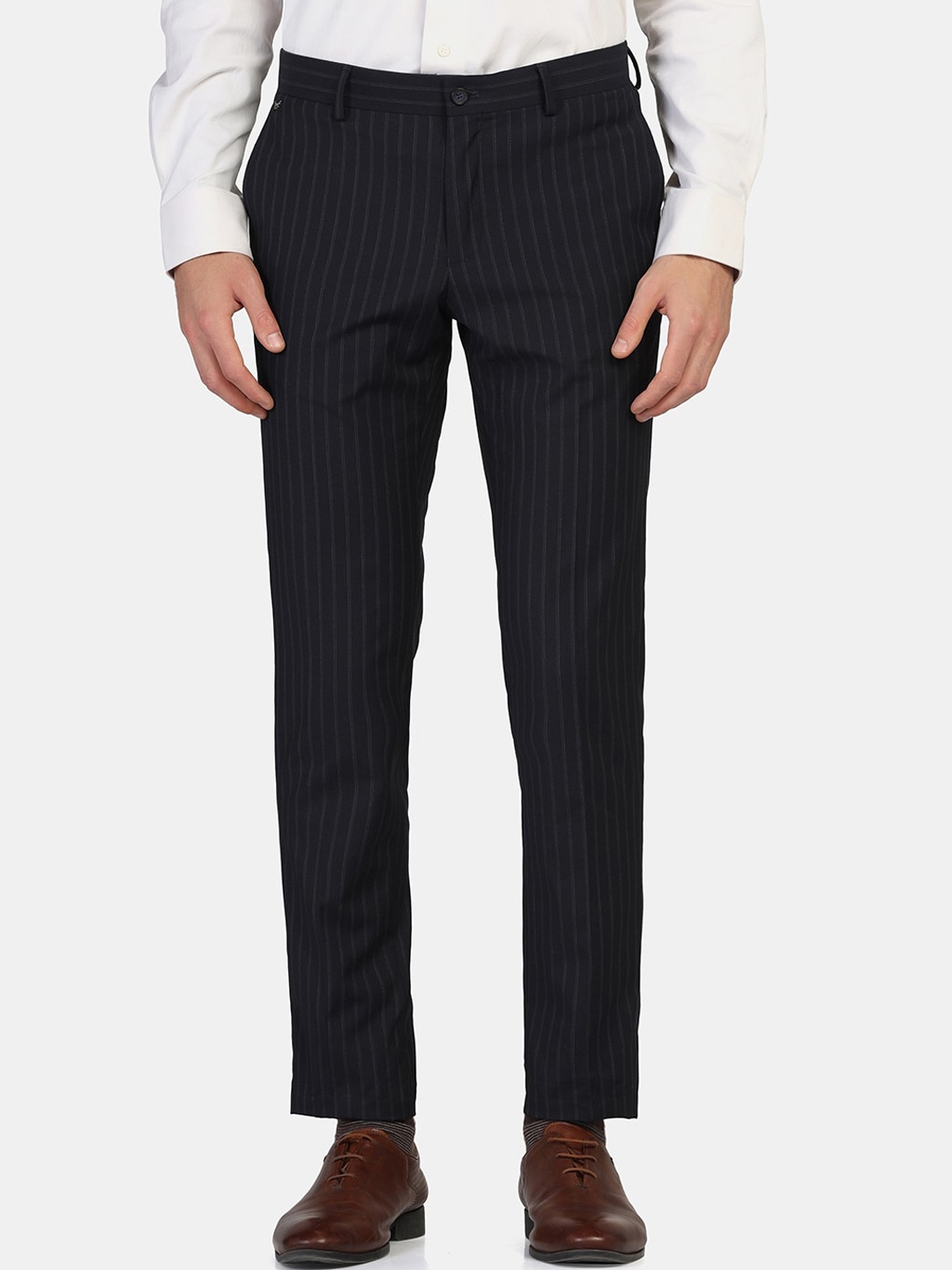 

Blackberrys Men Striped Slim Fit Formal Trousers, Navy blue