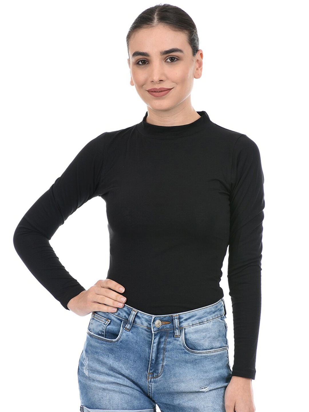 

ONEWAY Women Solid High Neck Cotton Bodysuit, Black
