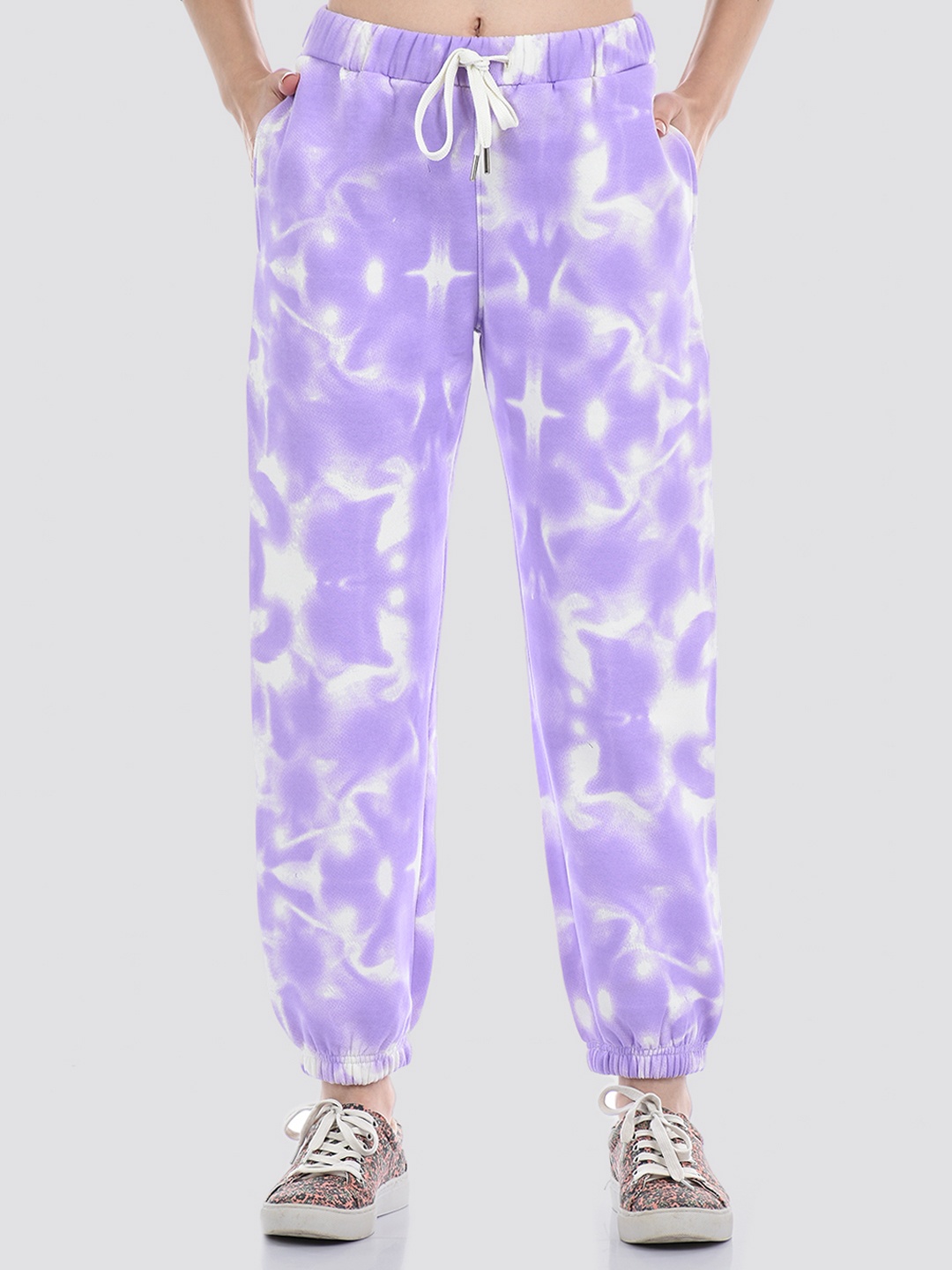 

ONEWAY Women Fleeced Cotton Tie & Dye Joggers, Purple