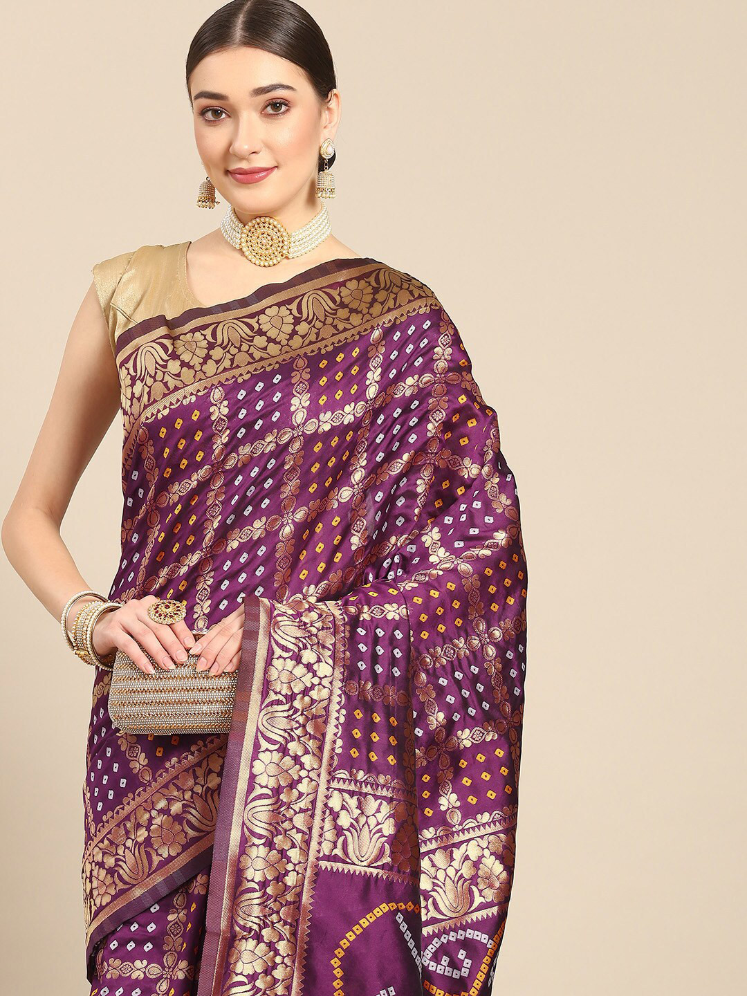 

Mitera Ethnic Motif Woven Design Zari Silk Blend Kanjeevaram Saree, Purple