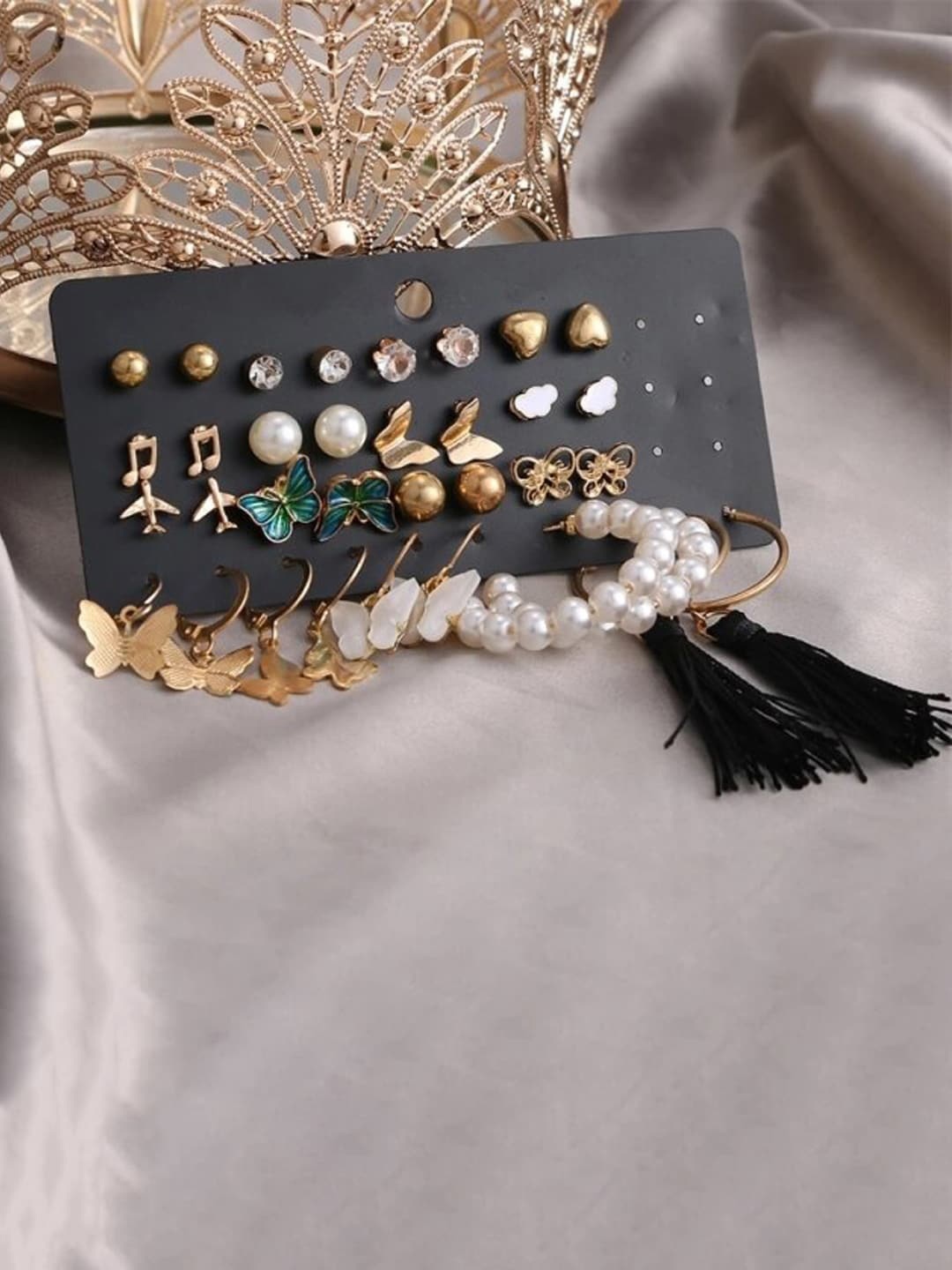 

Jewels Galaxy Gold Plated Layered necklace And Gold plated Set Of 17 Studs Drop And Hoop Earrings, Multi