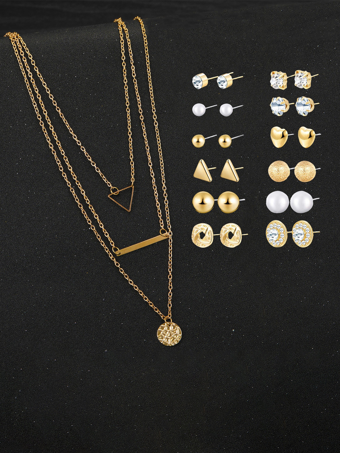 

Jewels Galaxy Gold-Plated Layered Necklace & Set Of 12 Stud Earrings
