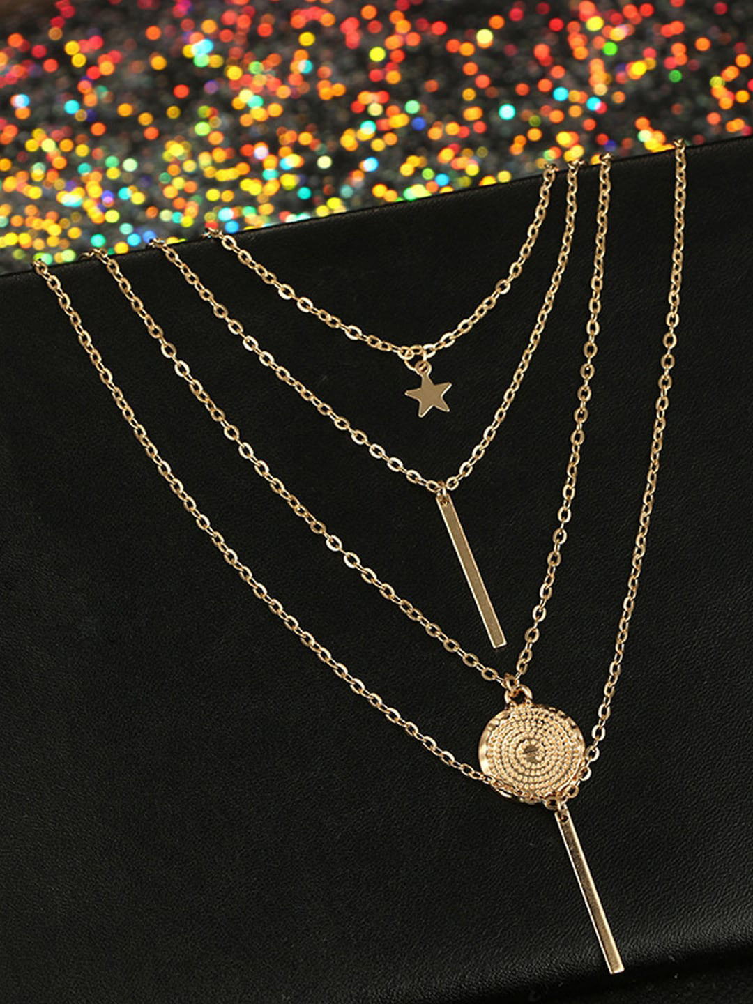 

Jewels Galaxy Gold Plated Layered Necklace and Gold Plated Set of 5 Contemporary Stud Earrings