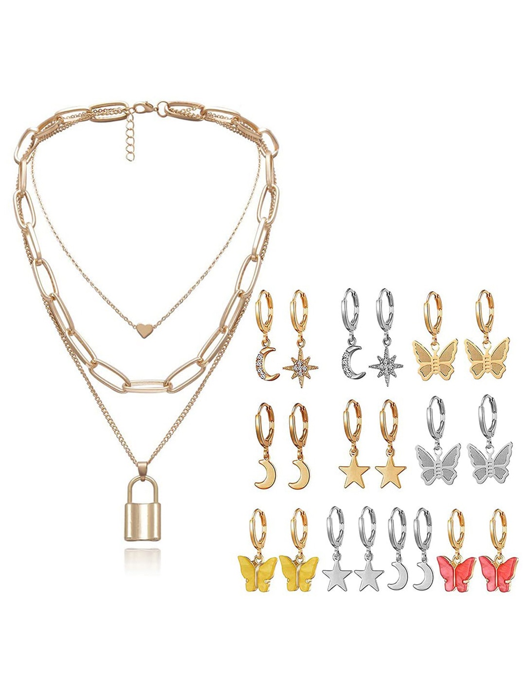 

Jewels Galaxy Gold-Plated Layered Necklace & Set Of 10 Drop Earrings