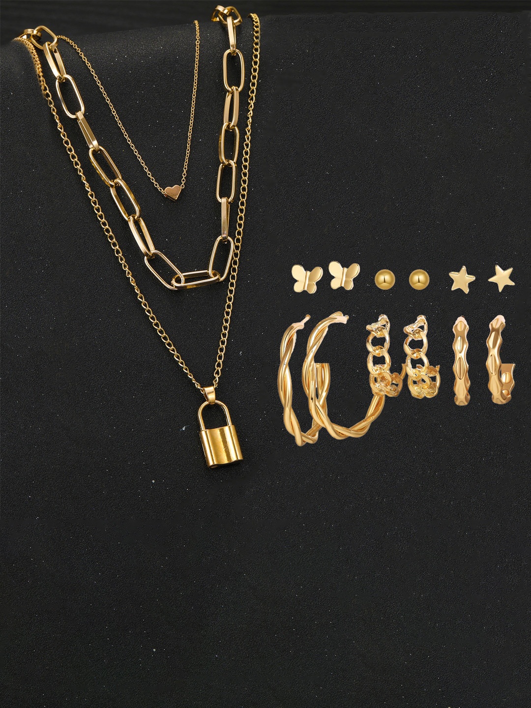 

Jewels Galaxy Gold-Plated Layered Necklace & Set Of 6 Studs and Hoop Earrings