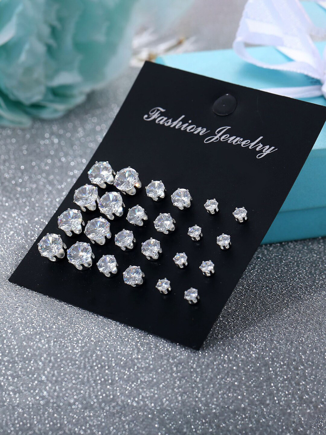 

Jewels Galaxy Set of 12 Silver-Plated Contemporary Studs Earrings, White