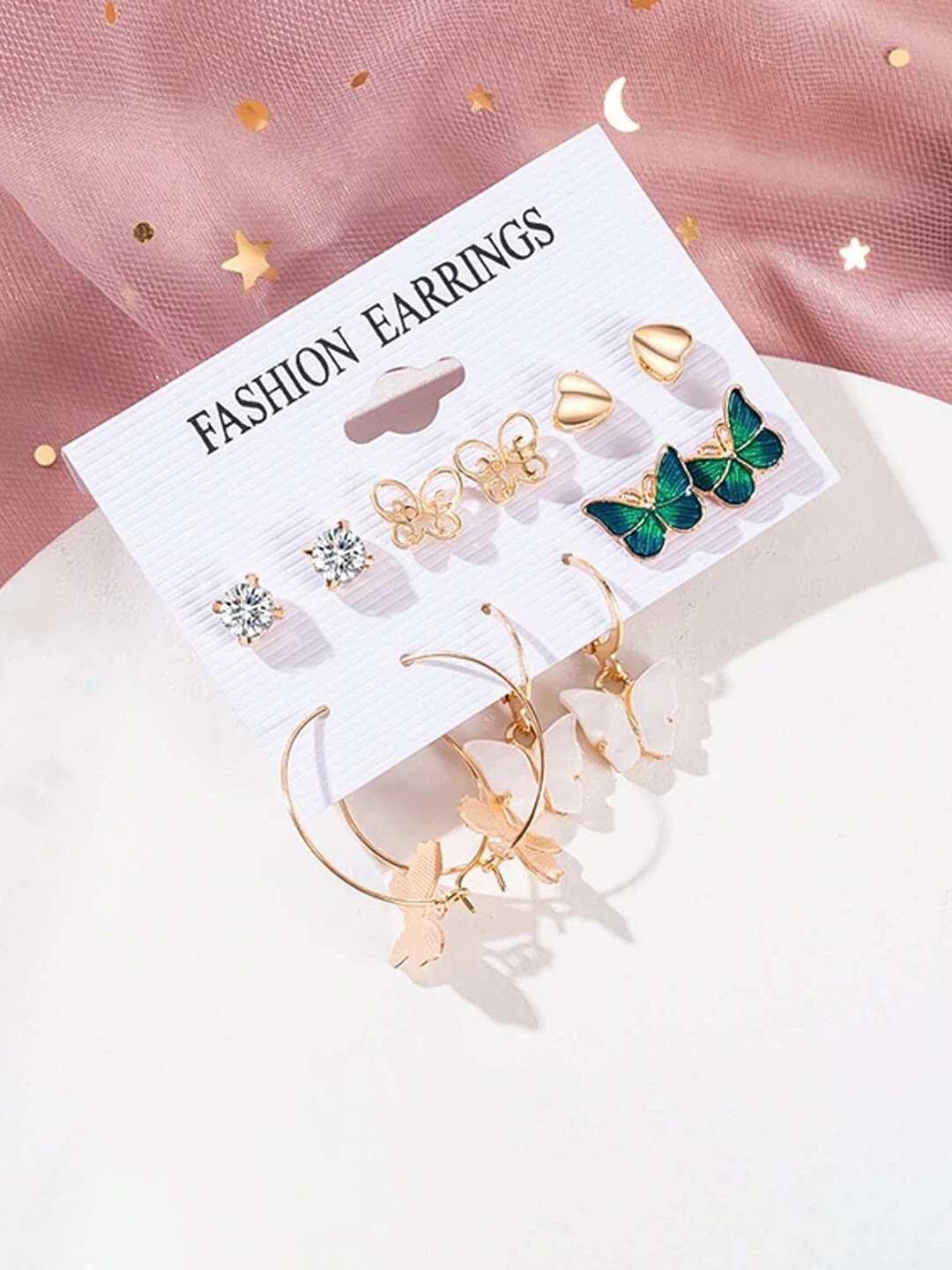 

Jewels Galaxy Gold-Plated Layered Necklace & Set Of 6 Butterfly Studs and Drop Earrings