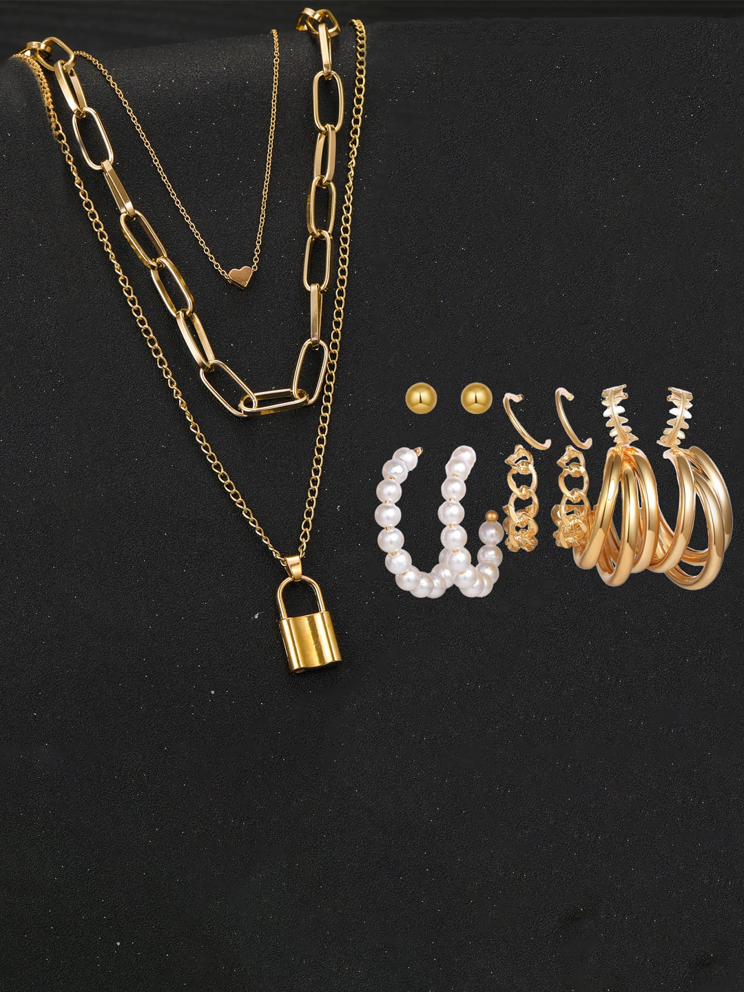 

Jewels Galaxy Gold-Plated Layered Necklace & Set Of 6 Studs and Hoop Earrings