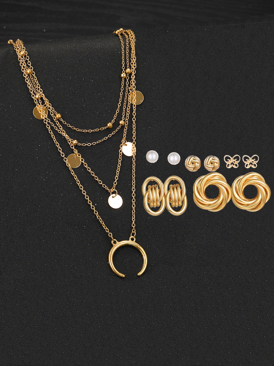 

Jewels Galaxy Gold-Plated Layered Necklace & Set Of 5 Stud Earrings