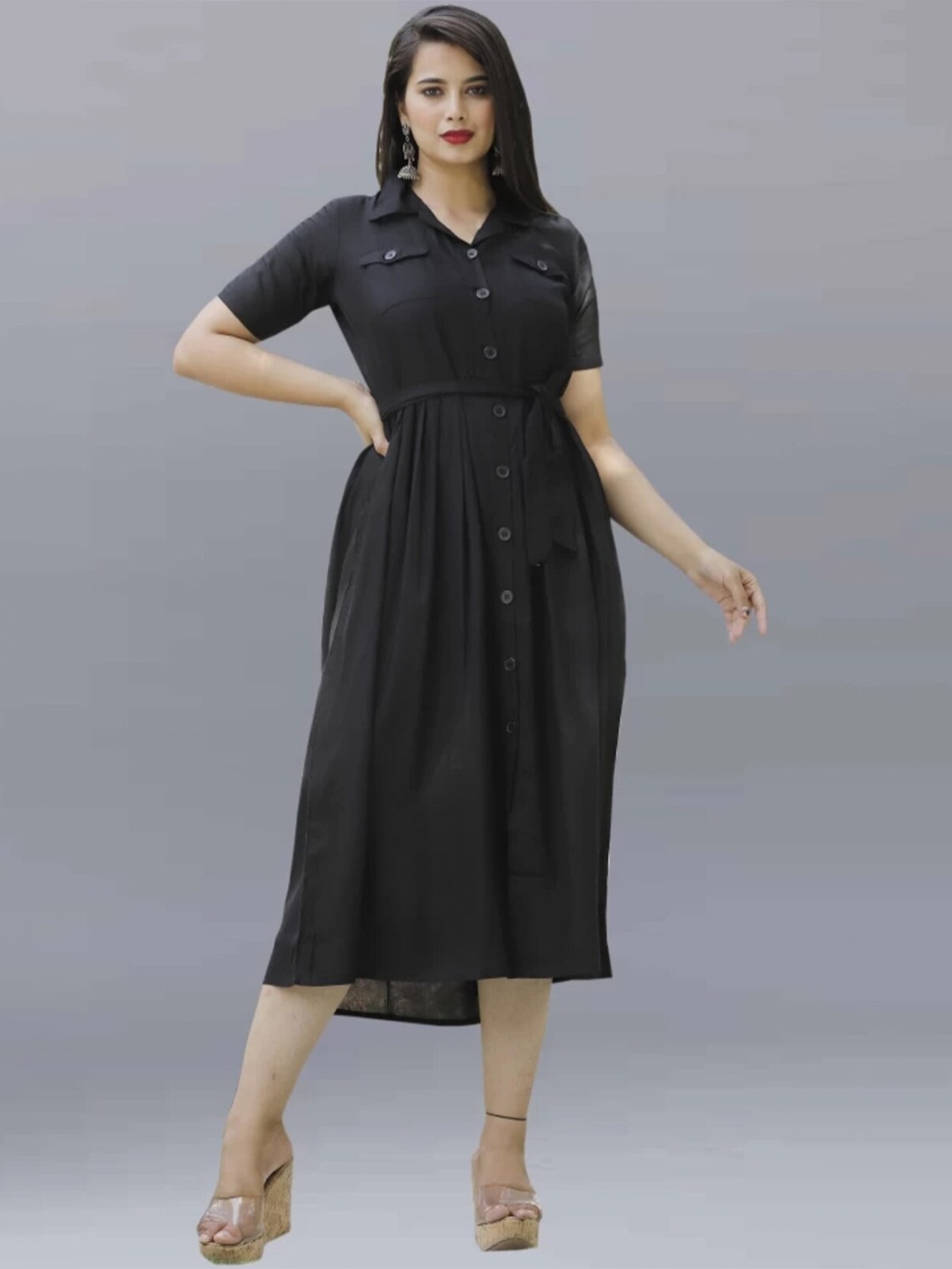 

Fashion FRICKS Shirt Midi Dress, Black