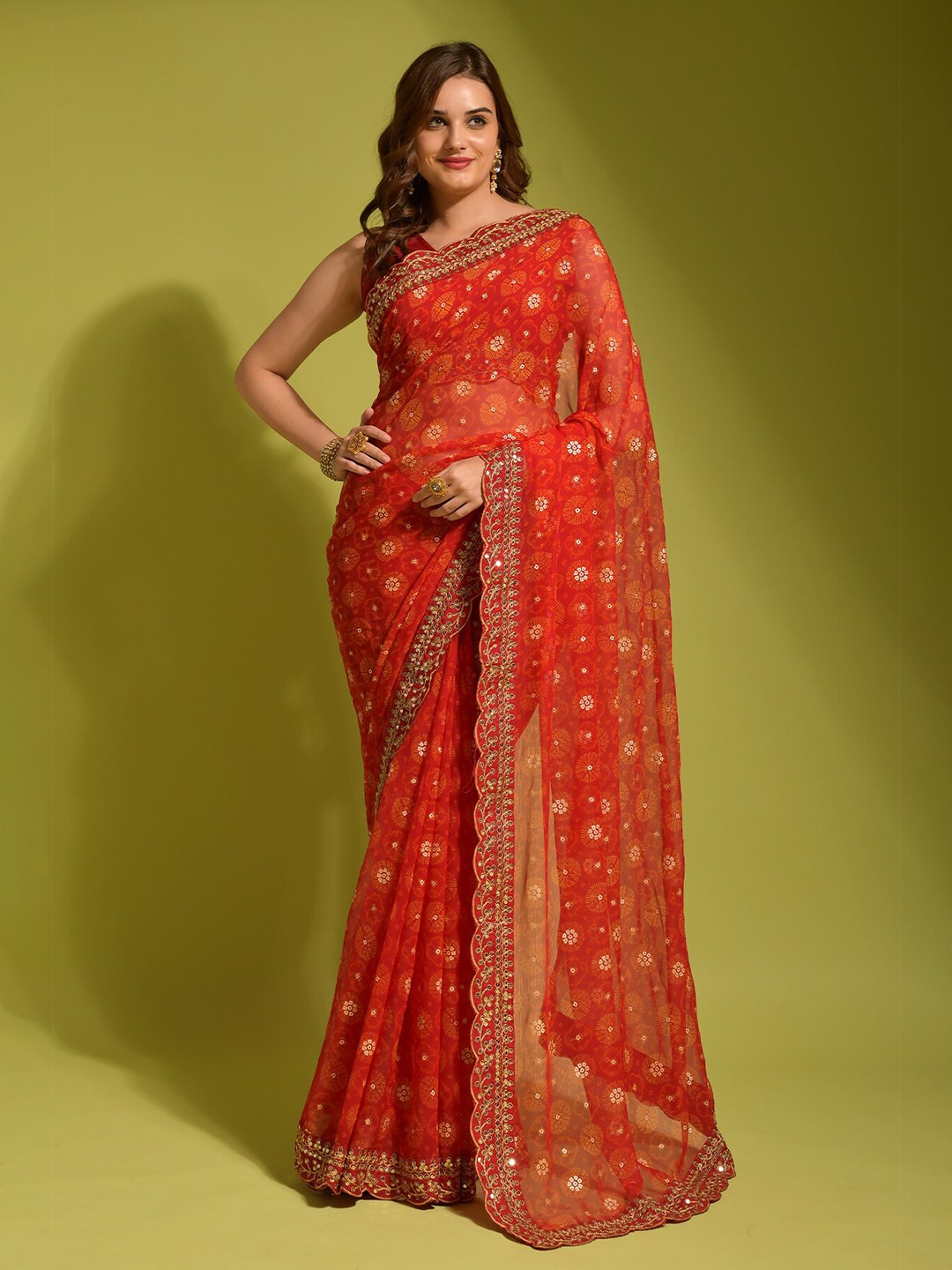

Globon Impex Floral Sequinned Pure Georgette Saree, Red