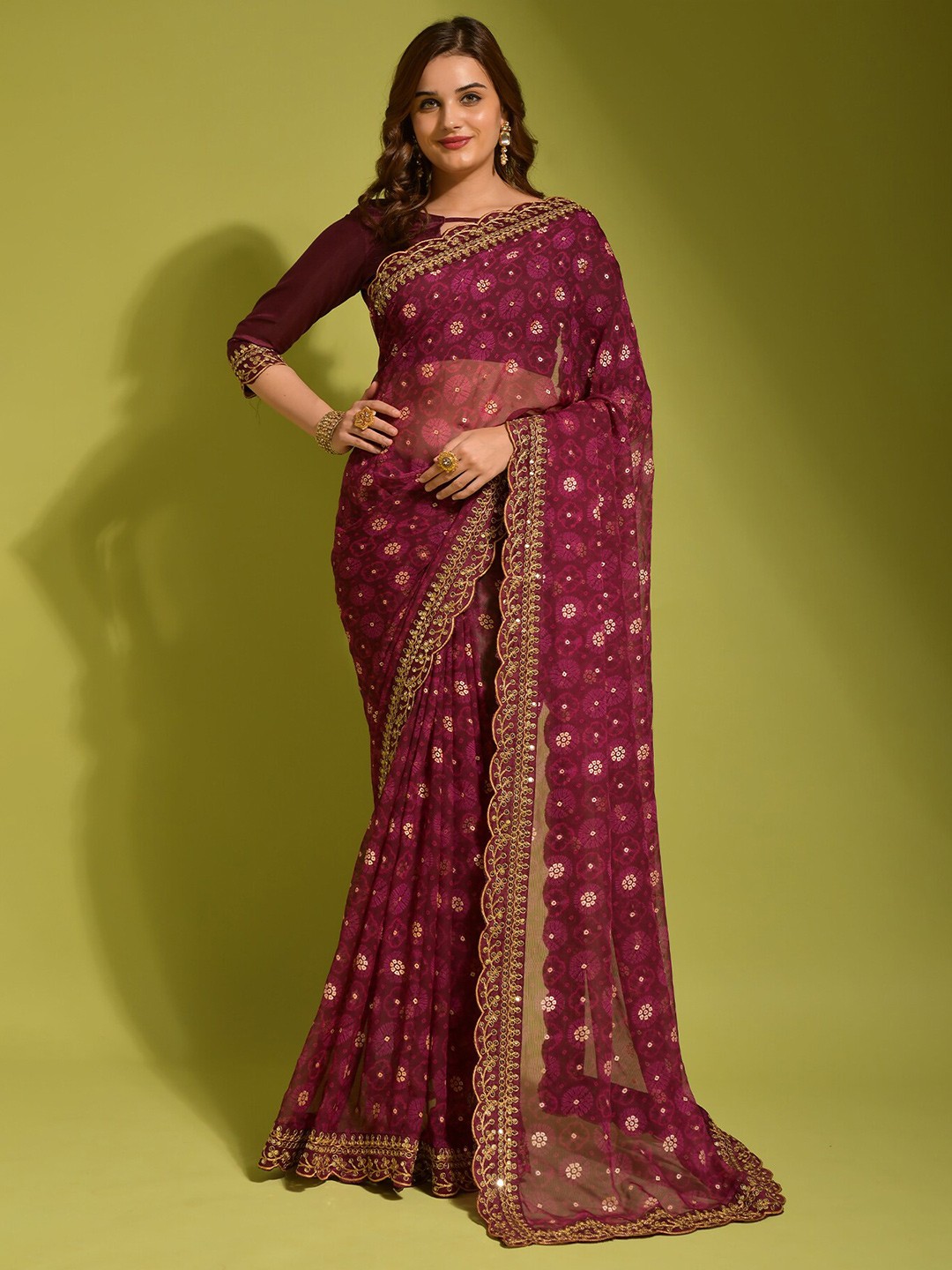 

Globon Impex Floral Sequinned Pure Georgette Saree, Burgundy