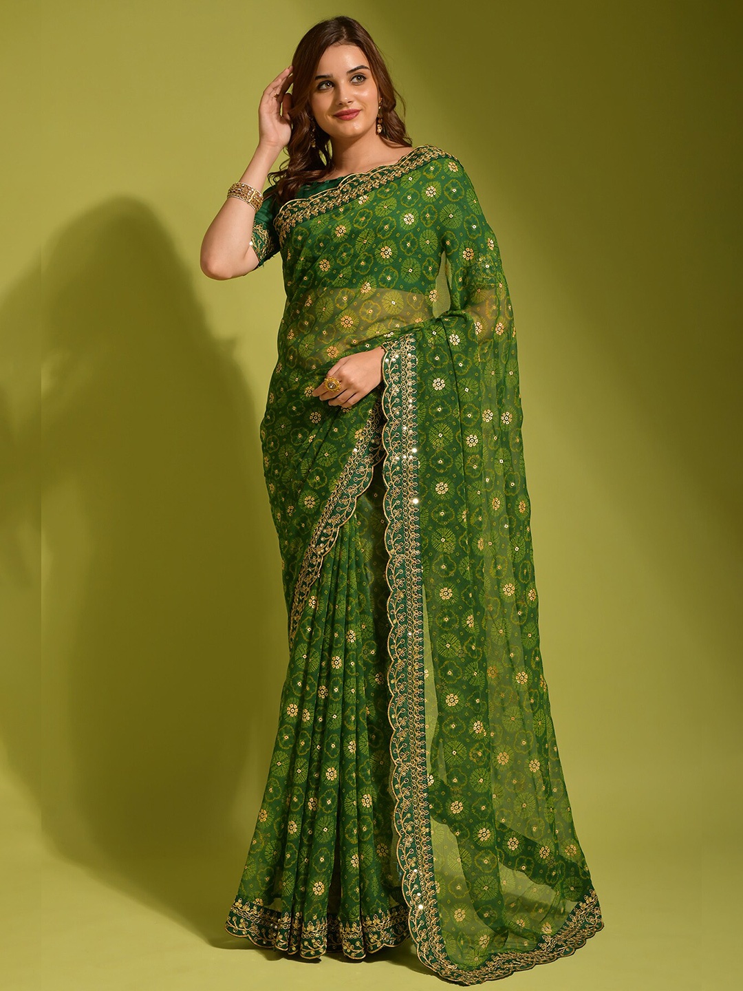 

Globon Impex Floral Embroidered Pure Georgette Saree, Green
