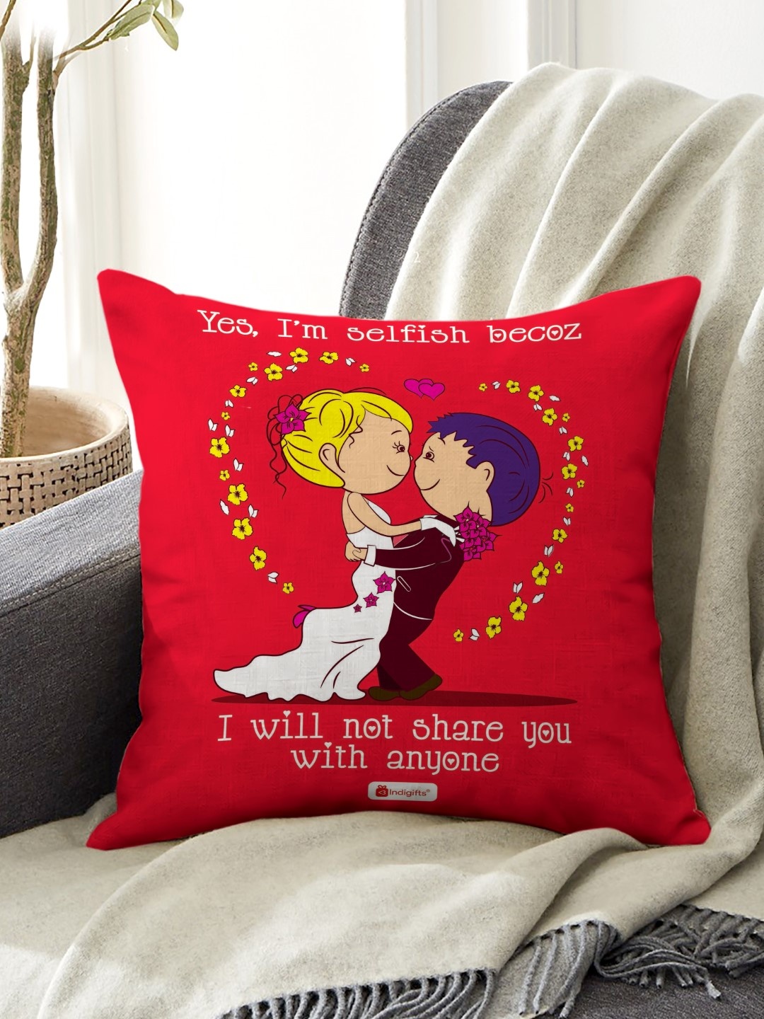 Indigifts Red & Yellow Typography Printed Square Cushion Cover