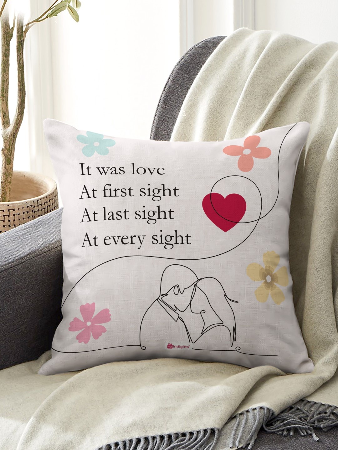 

Indigifts White & Red Typography Printed Square Cushion Cover