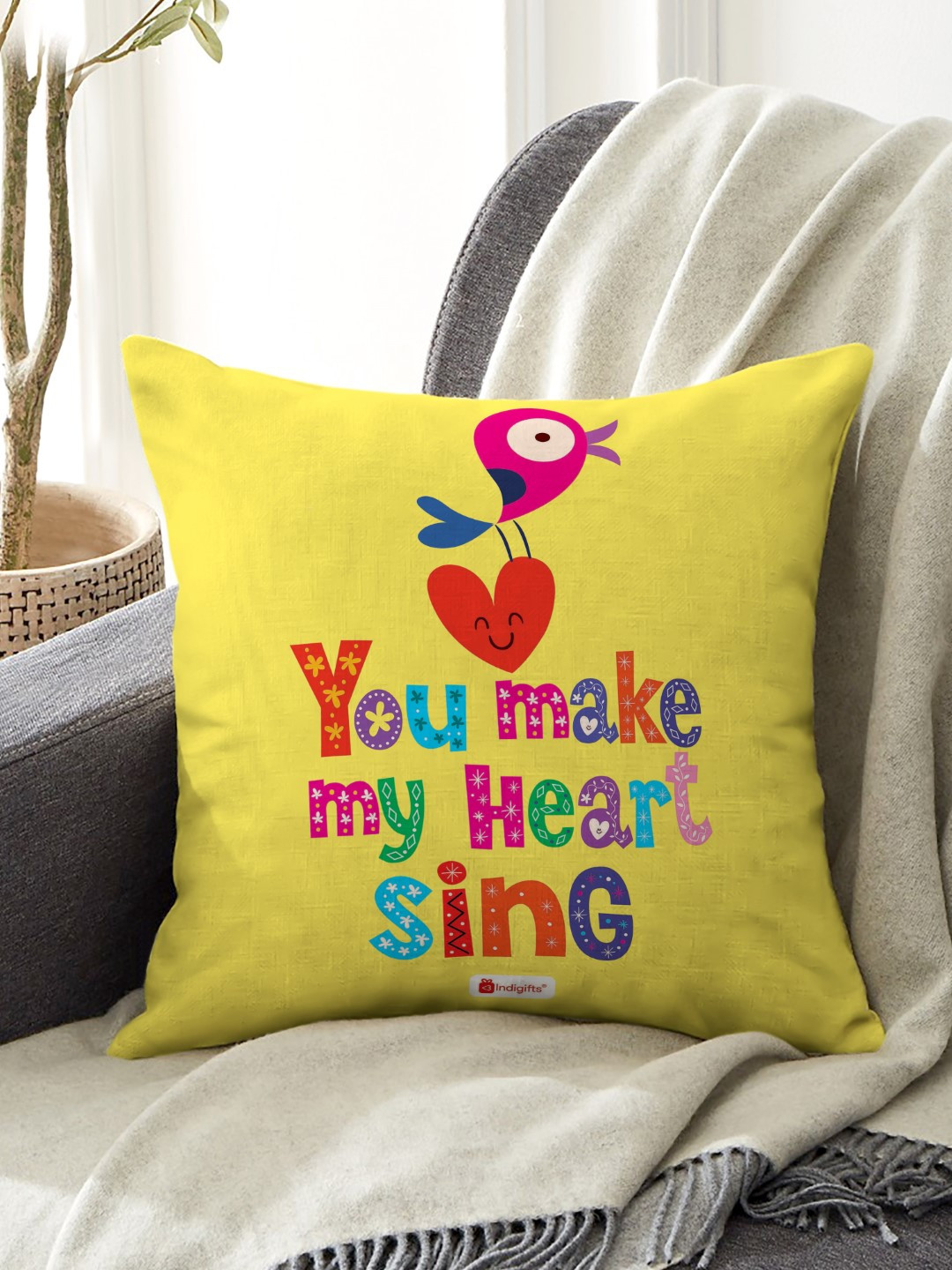 

Indigifts Yellow & Red Typography Printed Square Cushion Cover