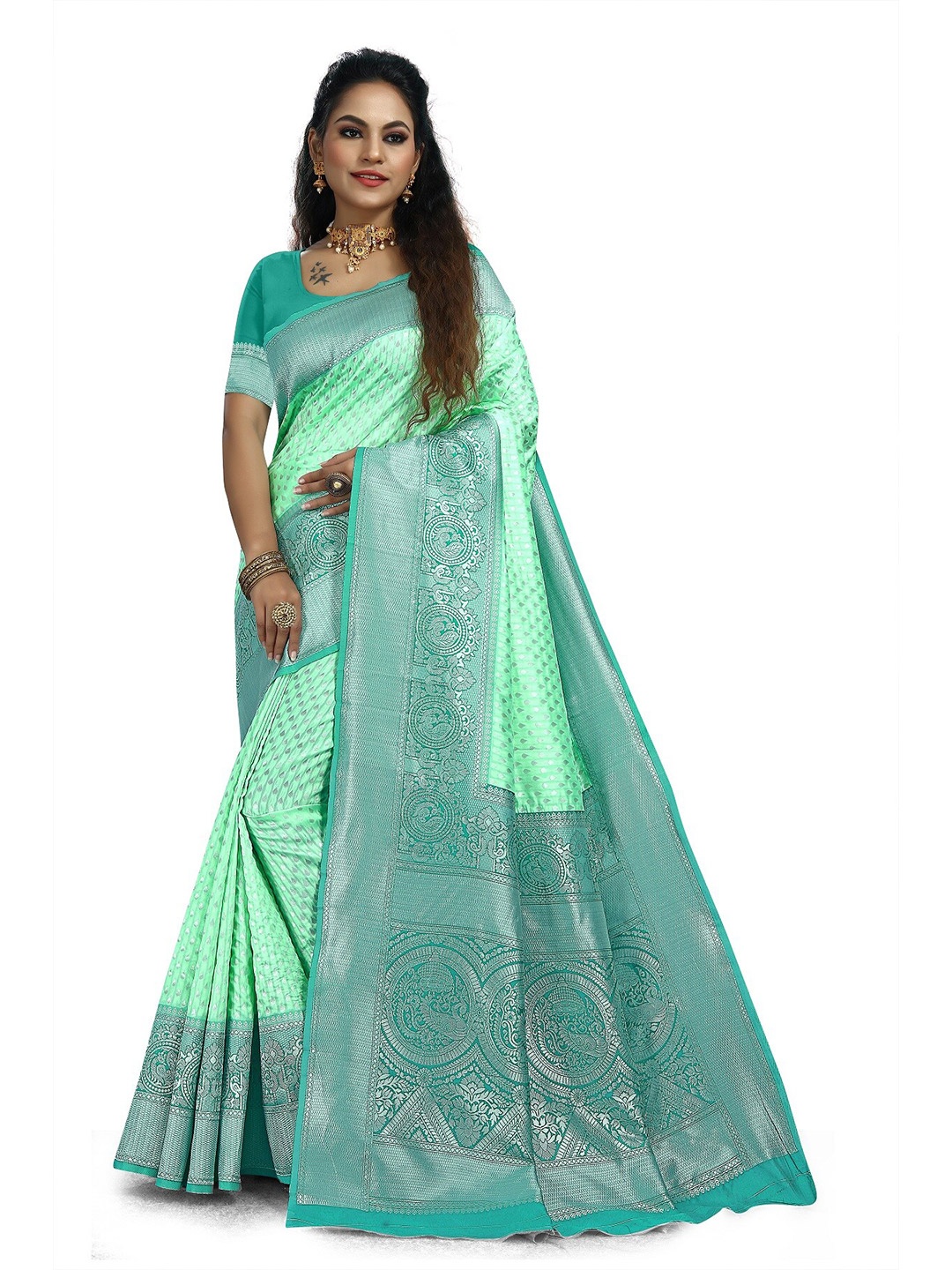 

Rivana Ethnic Motifs Zari Woven Design Kanjeevaram Saree, Sea green