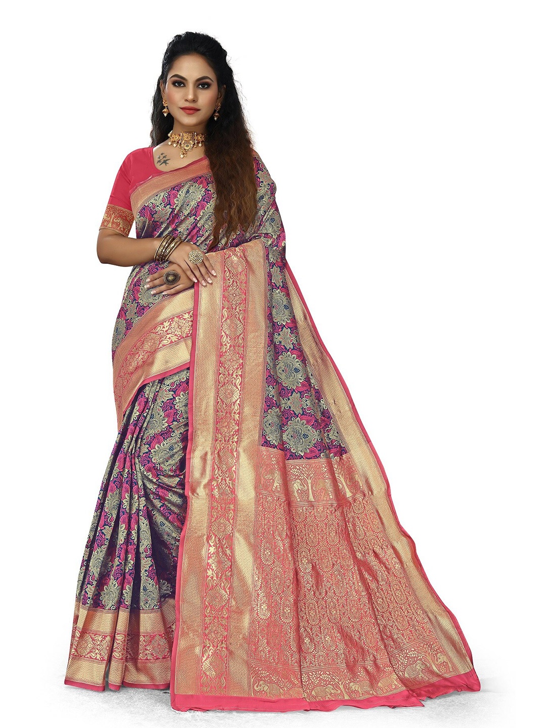 

Rivana Ethnic Motifs Zari Banarasi Saree, Pink