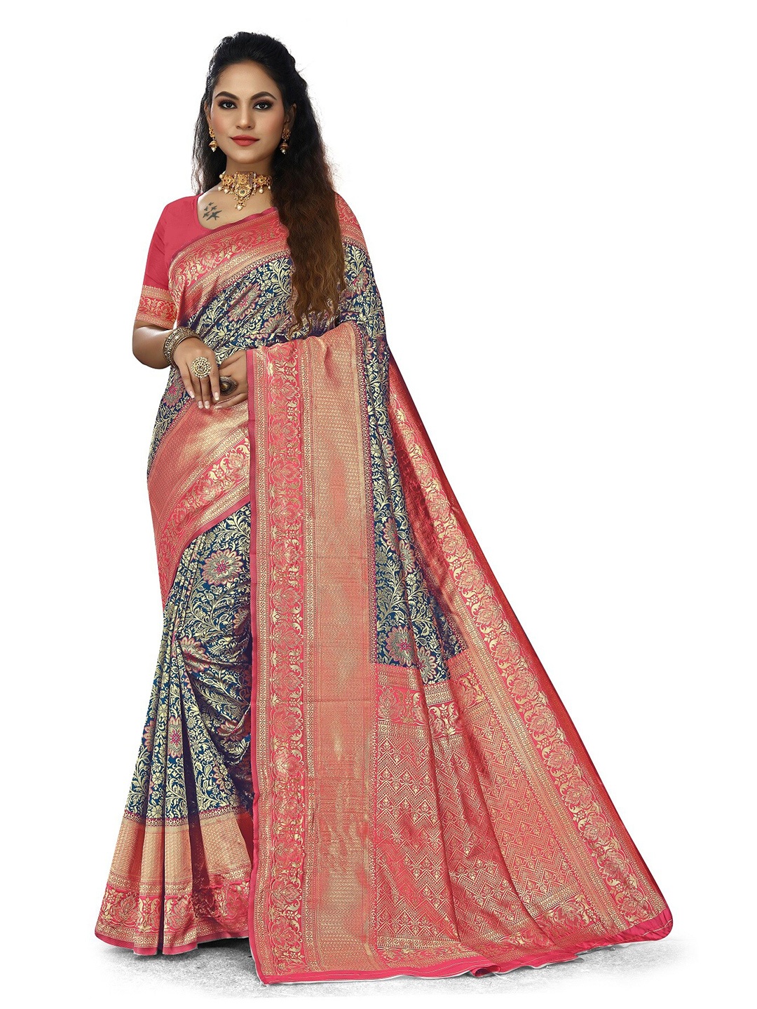 

Rivana Woven Design Zari Silk Blend Fusion Banarasi Saree, Navy blue