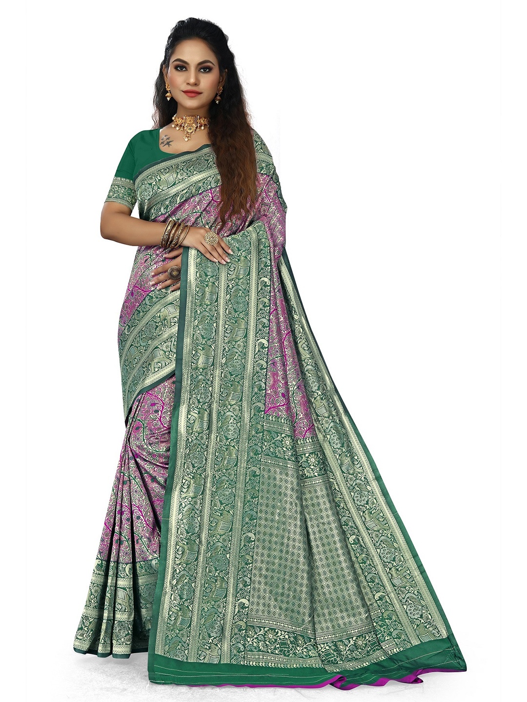 

Rivana Woven Design Zari Silk Blend Kanjeevaram Saree, Magenta