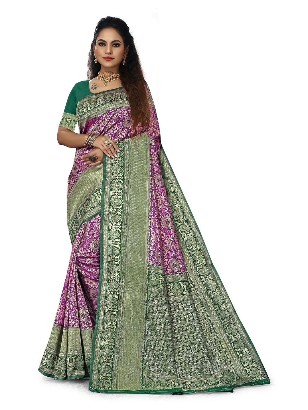 

Rivana Ethnic Motifs Zari Silk Blend Banarasi Saree, Purple