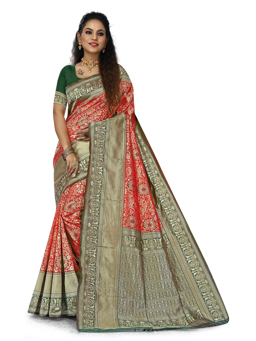 

Rivana Woven Design Zari Silk Blend Banarasi Saree, Red