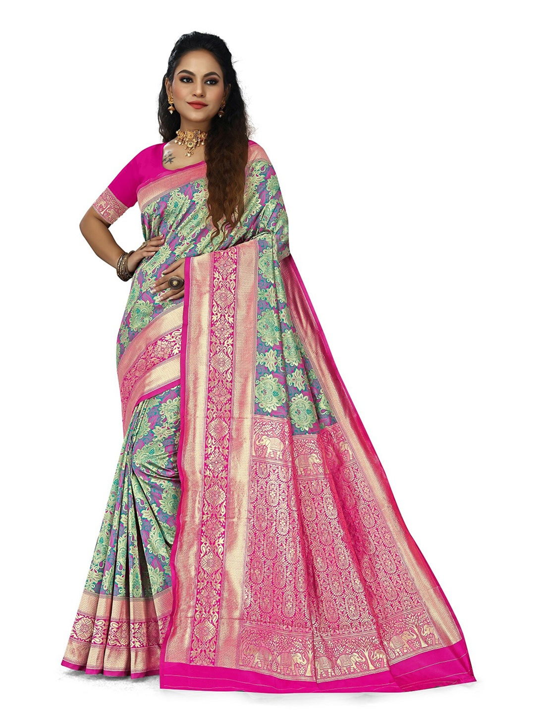 

Rivana Woven Design Zari Silk Blend Banarasi Saree, Green