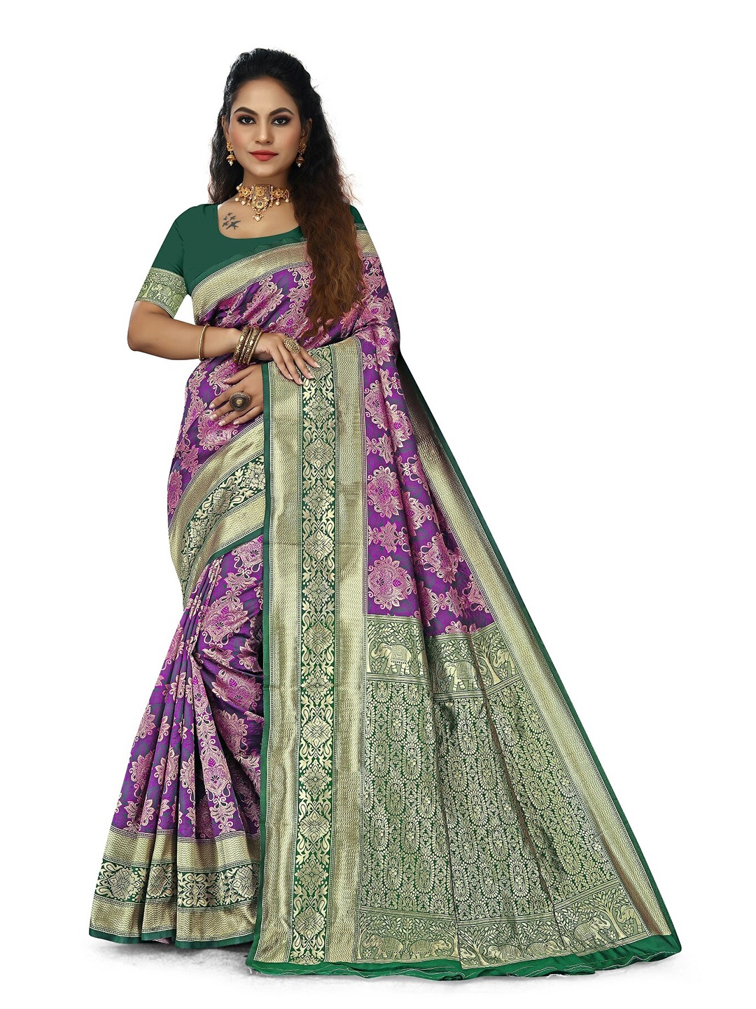 

Rivana Woven Design Zari Silk Blend Banarasi Saree, Purple