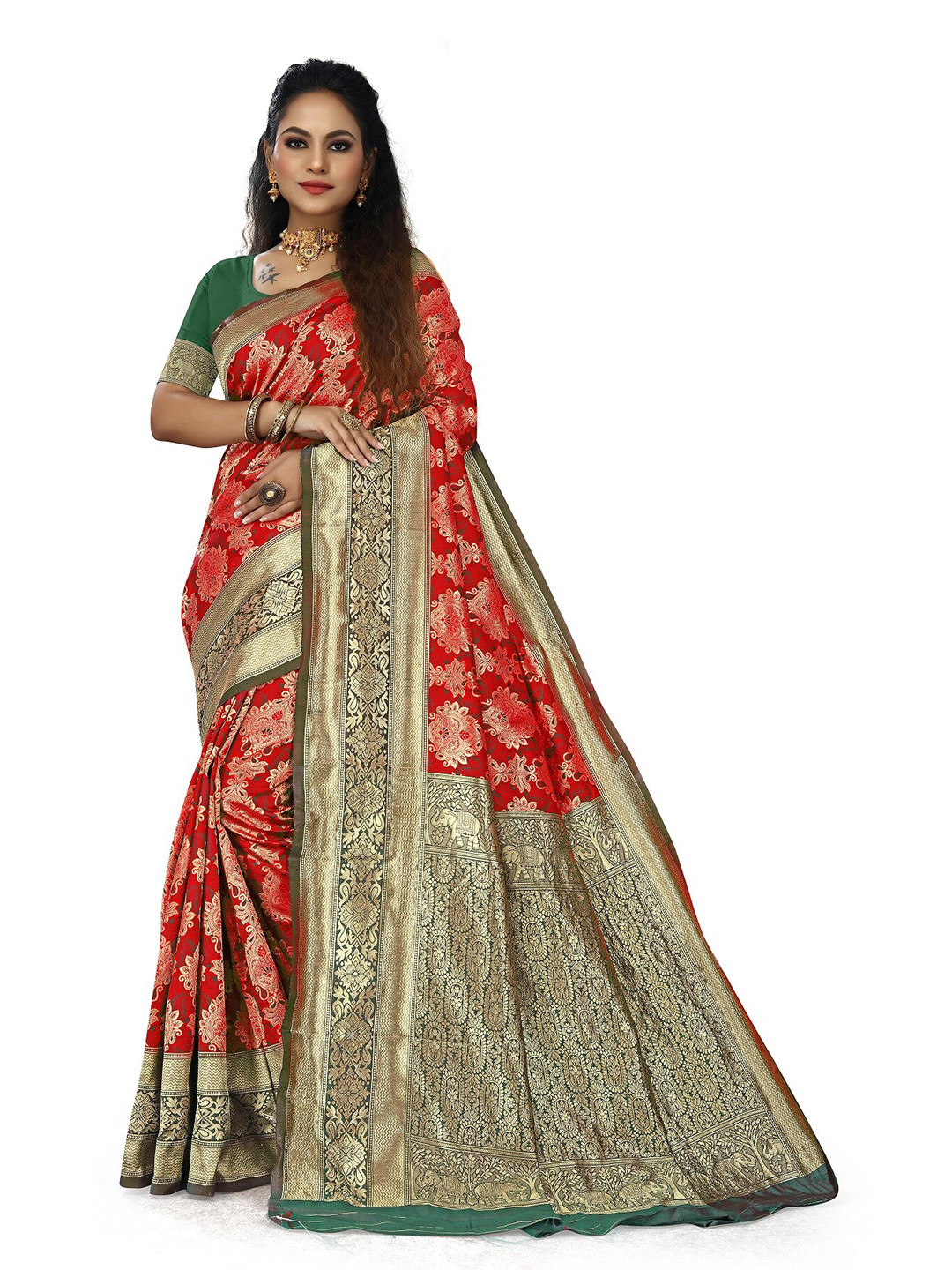 

Rivana Woven Design Zari Silk Blend Banarasi Saree, Red