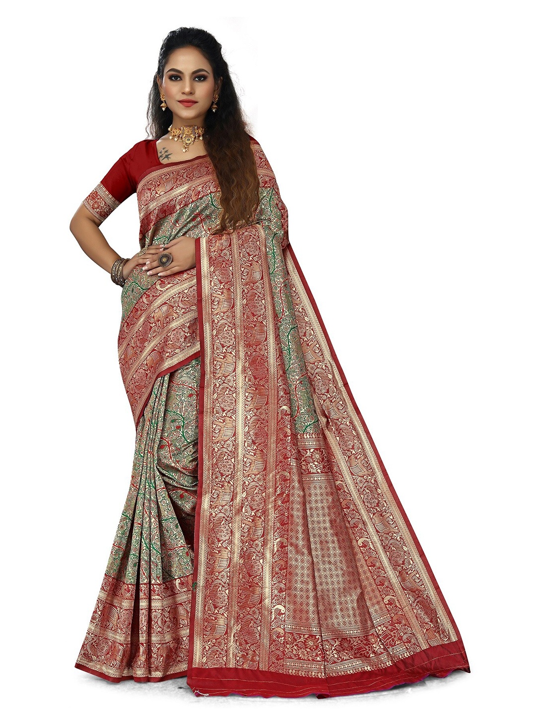 

Rivana Woven Design Zari Kanjeevaram Saree, Green