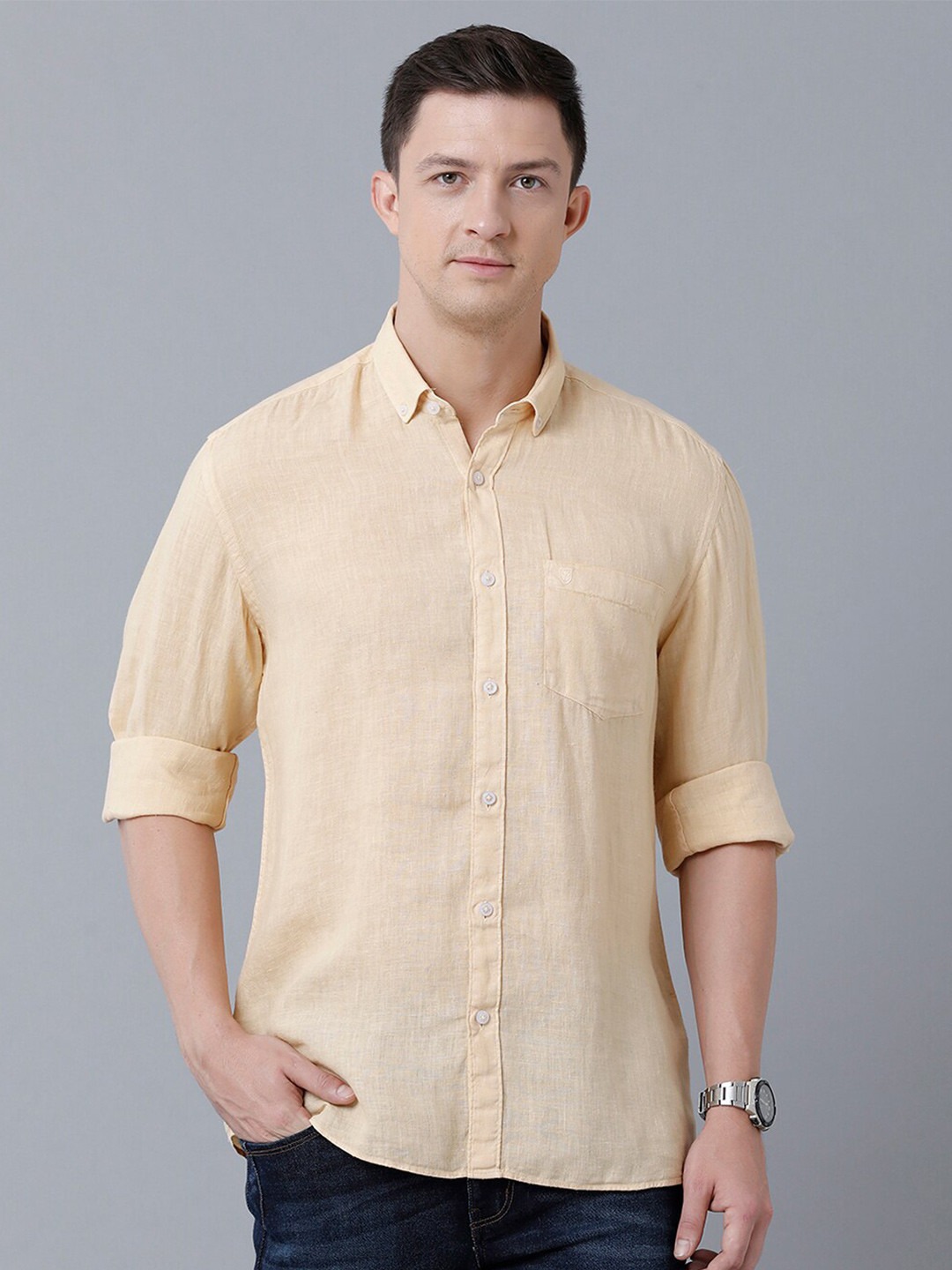 

Linen Club Men Pure Linen Sustainable Casual Shirt, Yellow