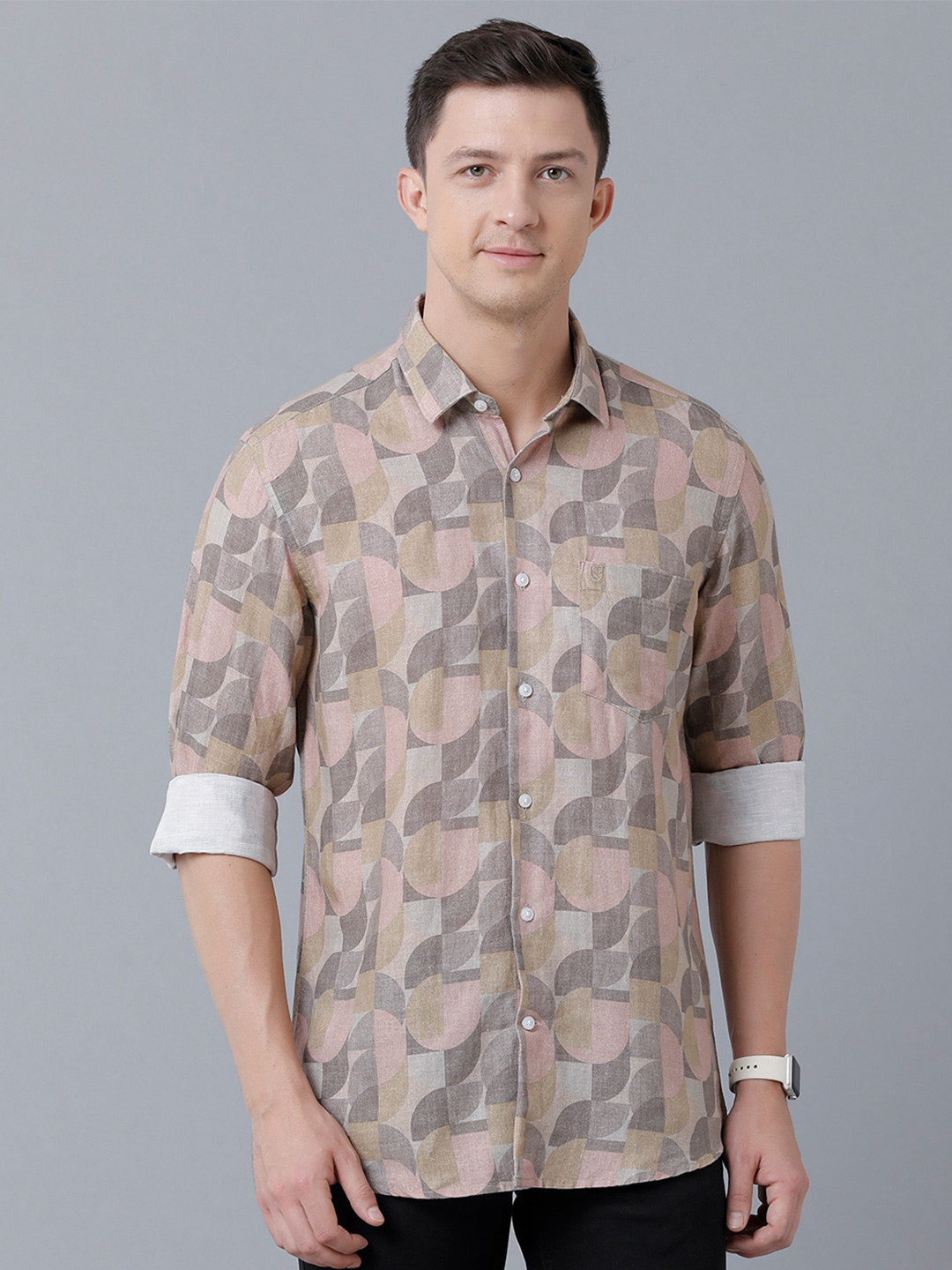 

Linen Club Men Printed Sustainable Casual Linen Shirt, Brown