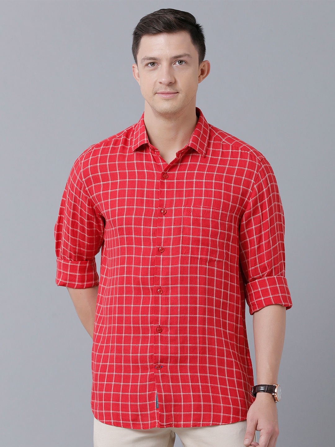 

Linen Club Men Grid Tattersall Checked Pure Linen Sustainable Casual Shirt, Red