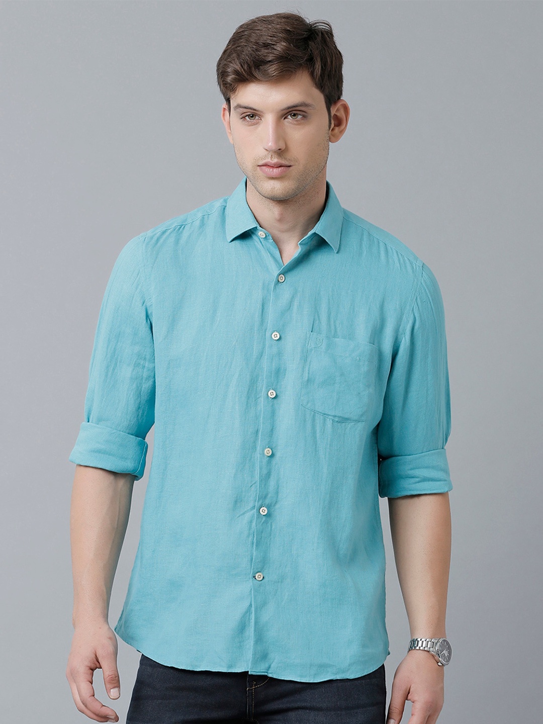 

Linen Club Men Spread Collar Casual Linen Shirt, Turquoise blue