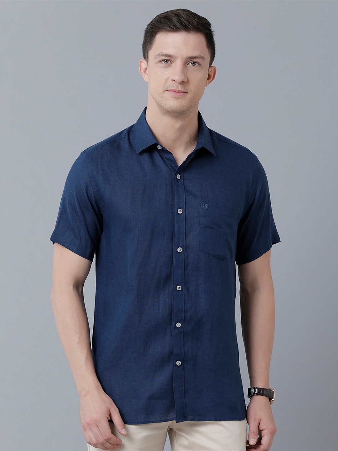 

Linen Club Men Pure Linen Sustainable Casual Shirt, Blue