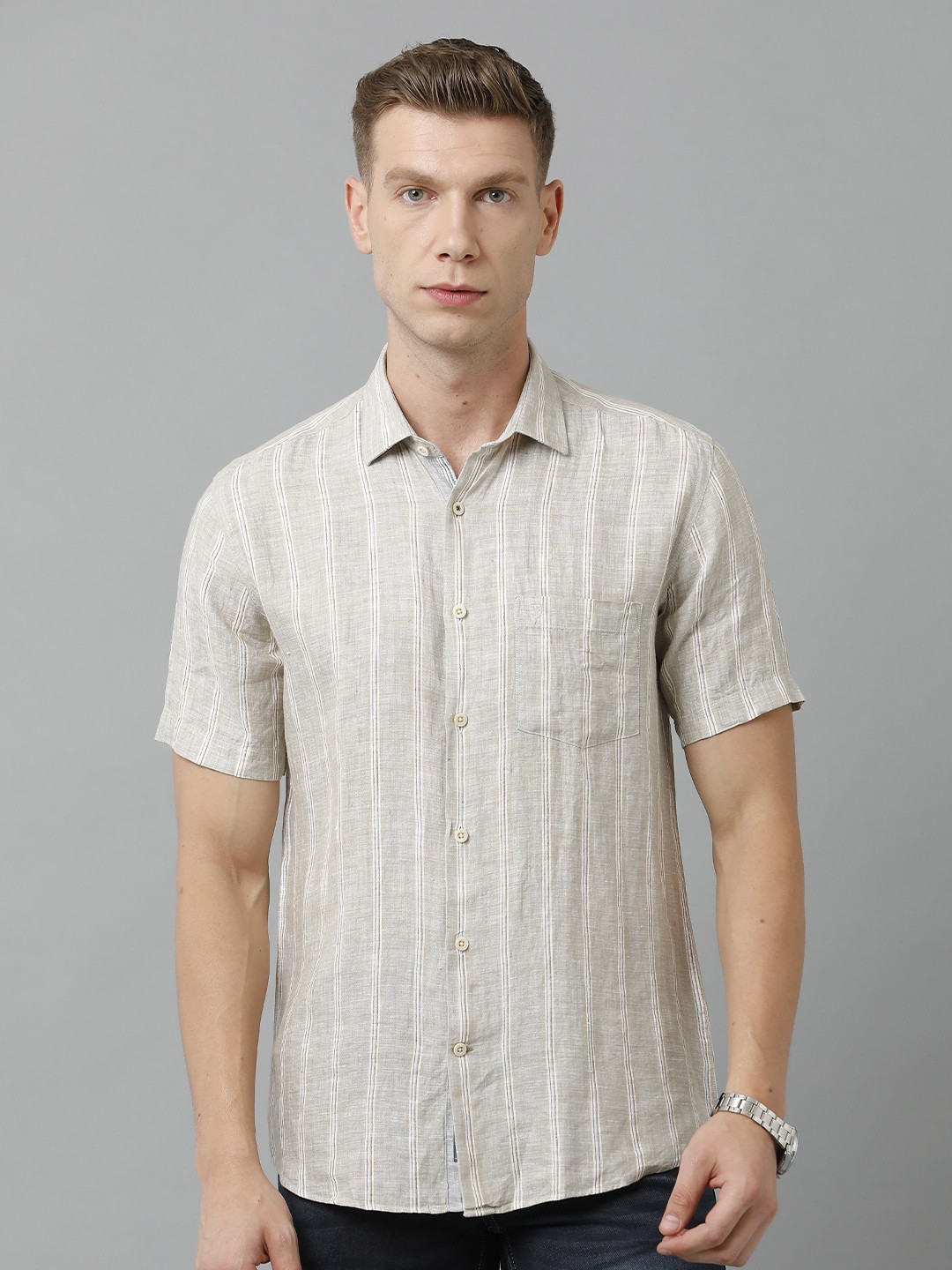 

Linen Club Men Striped Sustainable Casual Pure Linen Shirt, Grey