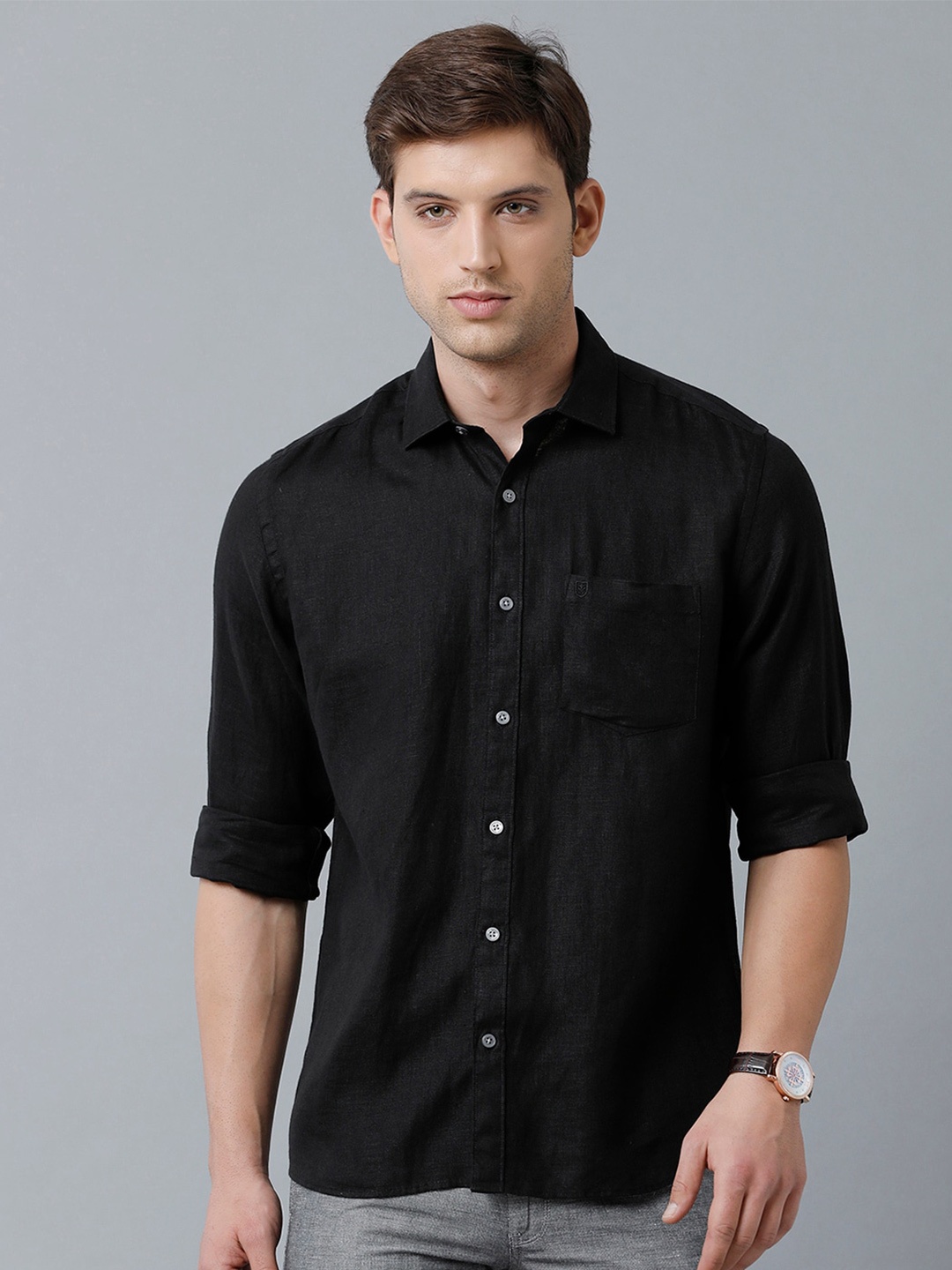 

Linen Club Men Spread Collar Sustainable Casual Regular Shirt, Black