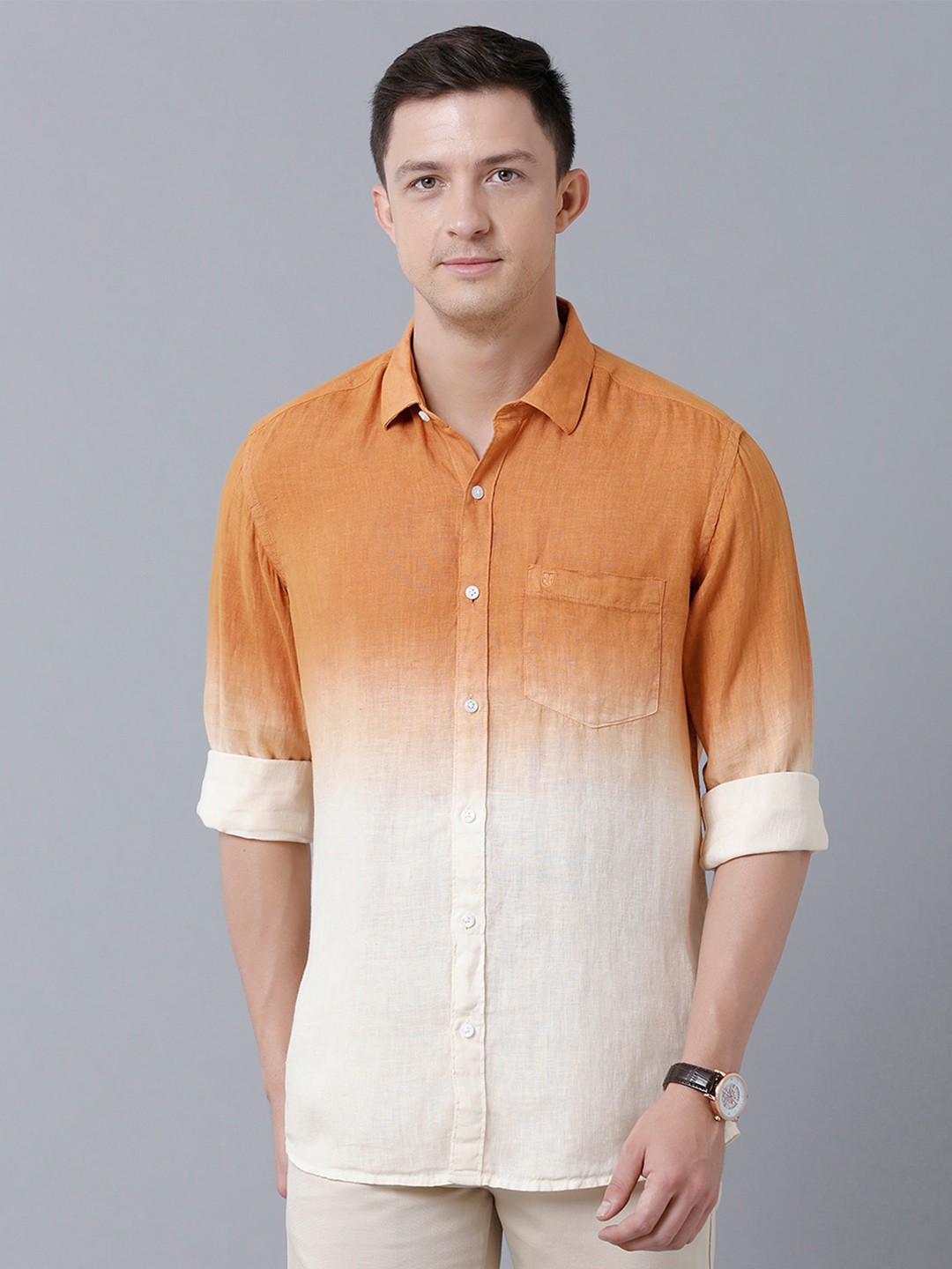 

Linen Club Men Faded Faded Sustainable Casual Shirt, Brown