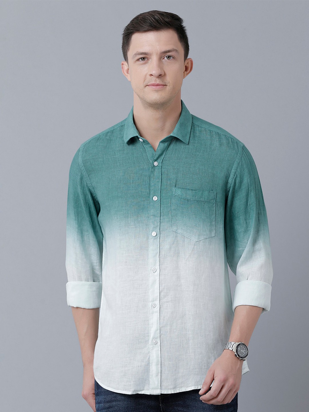 

Linen Club Men Colourblocked Pure Linen Sustainable Casual Shirt, Green
