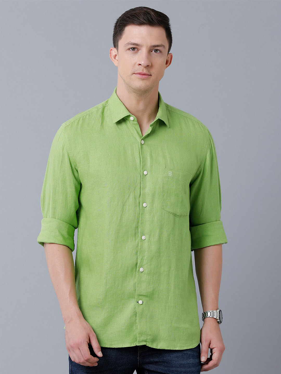 

Linen Club Men Solid Sustainable Casual Pure Linen Shirt, Green