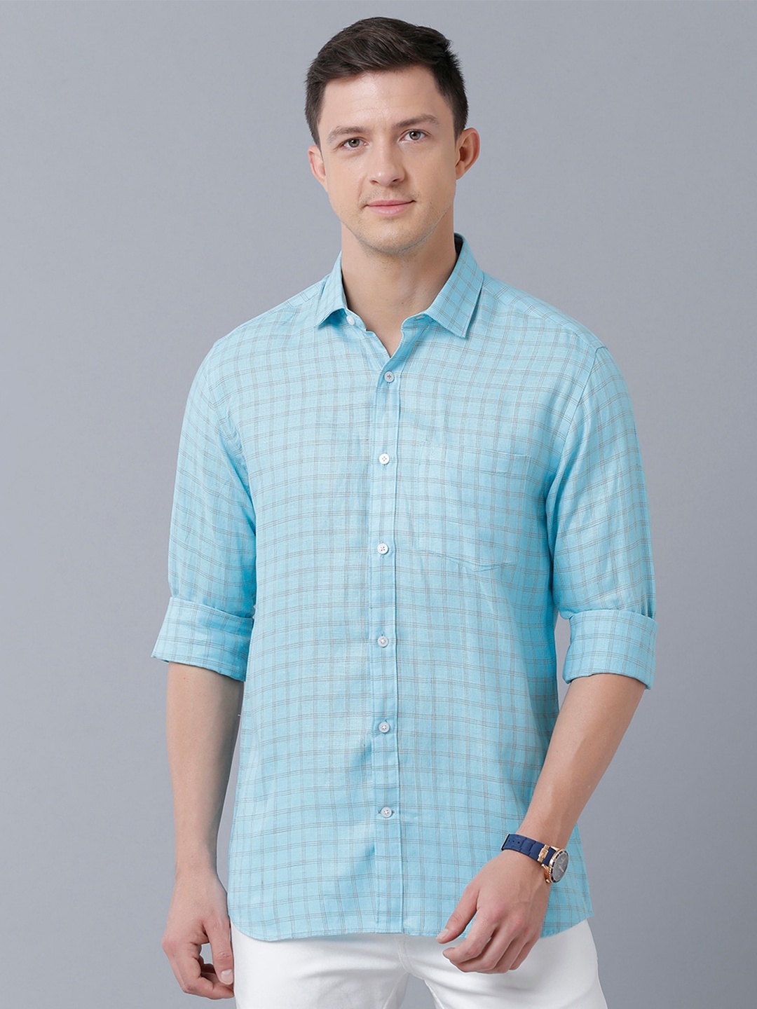 

Linen Club Men Checked Sustainable Casual Linen Shirt, Turquoise blue