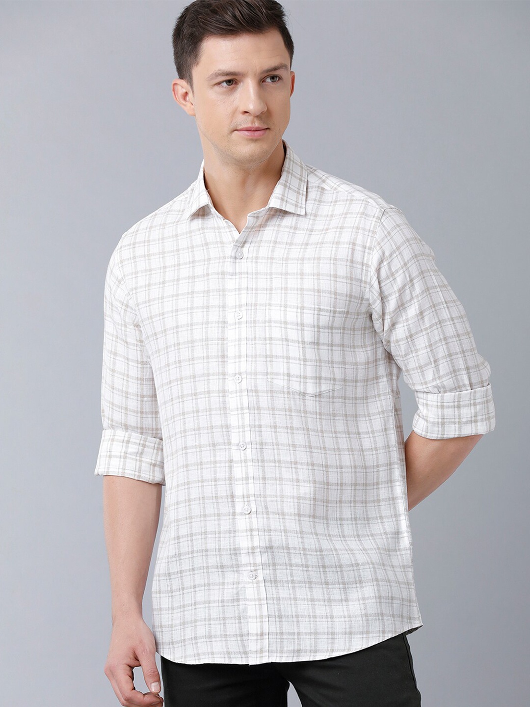 

Linen Club Men Linen Checked Sustainable Casual Shirt, White