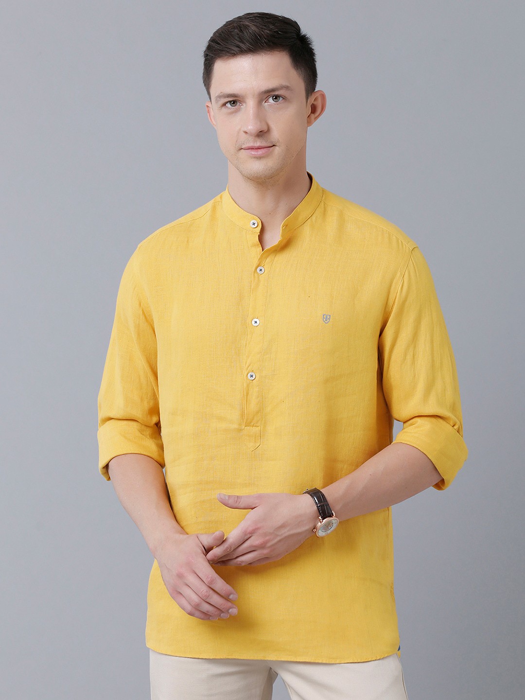 

Linen Club Men Mandarin Collar Sustainable Casual Linen Shirt, Yellow