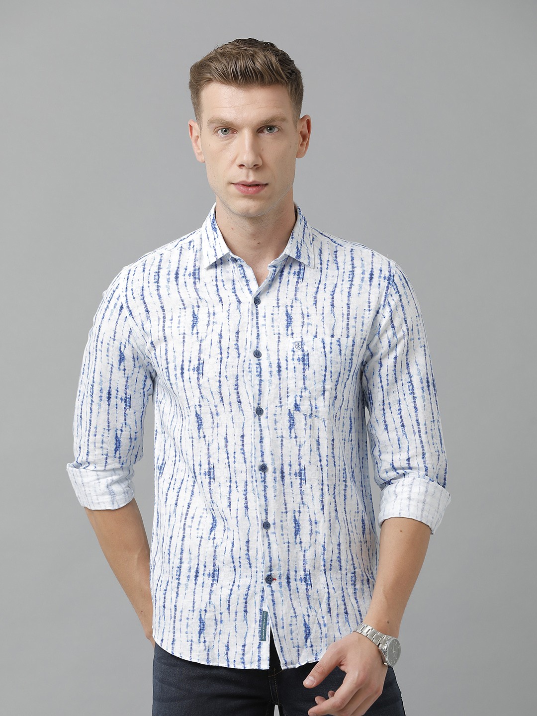 

Linen Club Men Striped Sustainable Casual Shirt, Blue