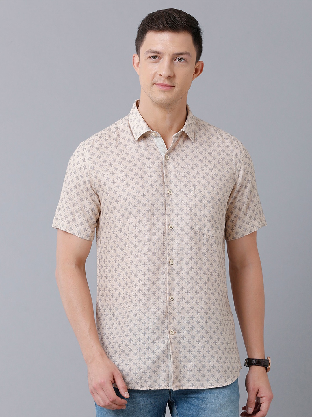 

Linen Club Men Printed Spread Collar Sustainable Casual Shirt, Peach