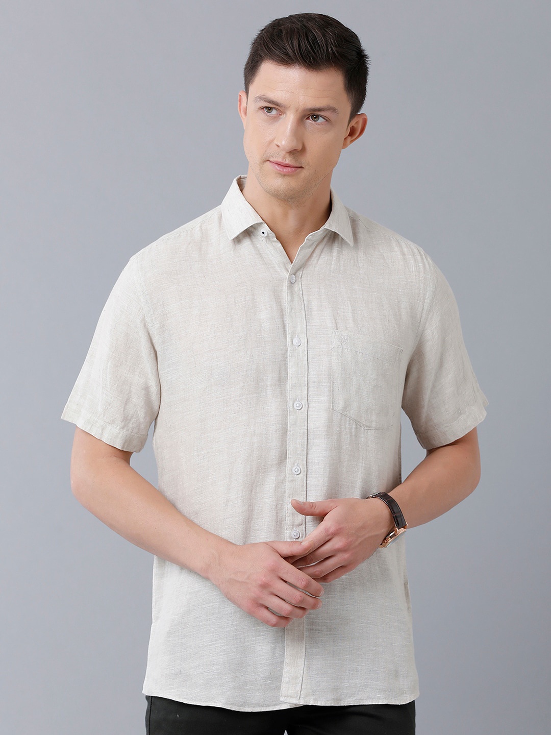 

Linen Club Men Pure Linen Regular Fit Sustainable Shirt, Beige