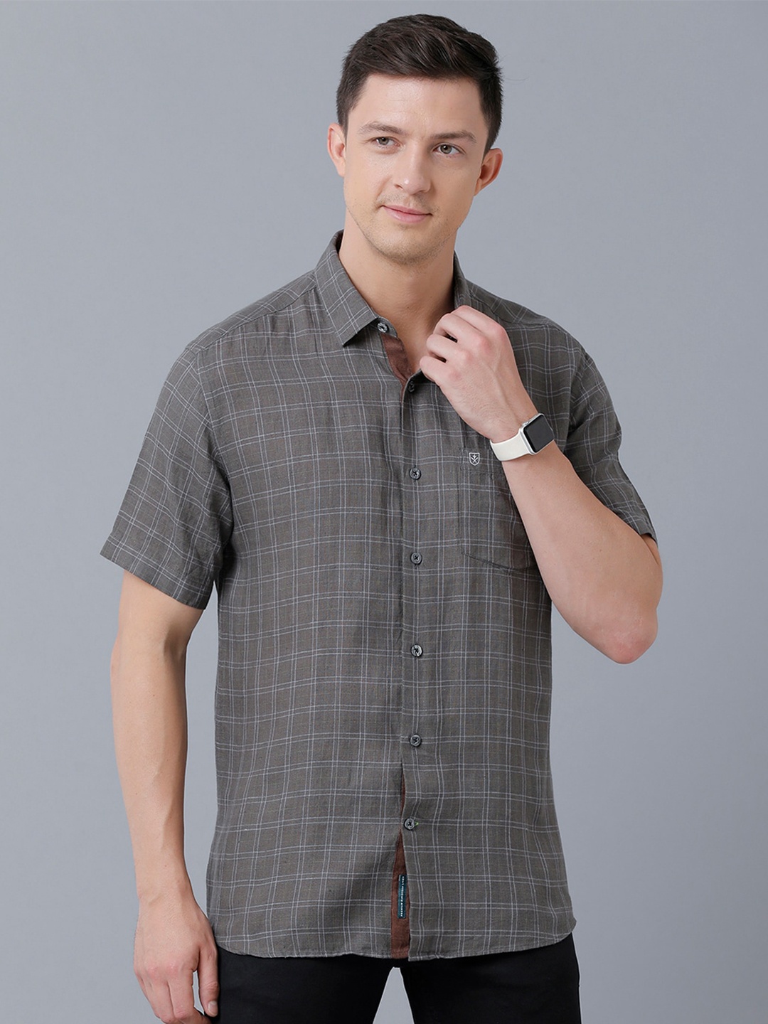 

Linen Club Men Checked Sustainable Casual Pure Linen Shirt, Grey